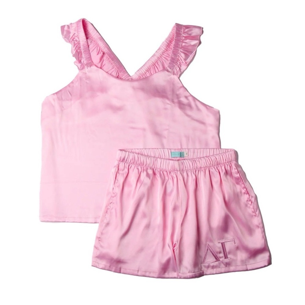 Over The Moon Pink Satin Ruffle Strap Sleep Set